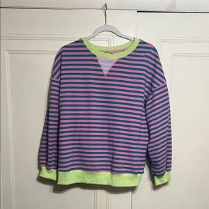 Striped Pink and Blue Sweatshirt with Green Accents